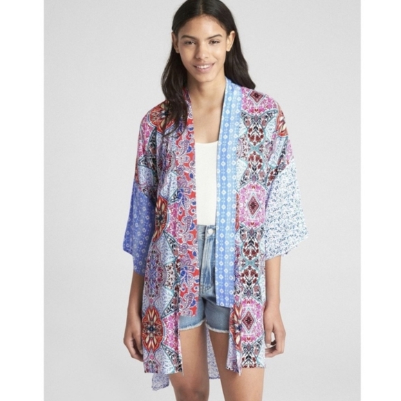 GAP Boho Festival Bandana Patchwork Kimono Cardigan Duster Small Medium Robe - Picture 9 of 10